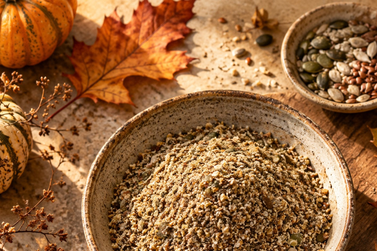 Semillas en un cuenco con hojas de otoño