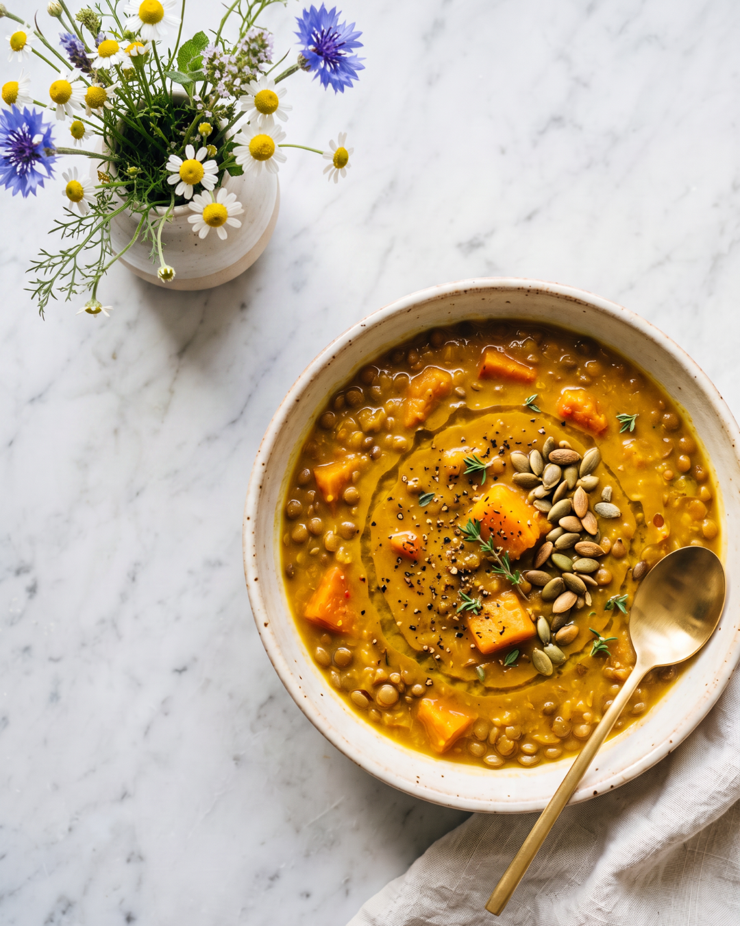 Guiso de lentejas rojas con cúrcuma y comino