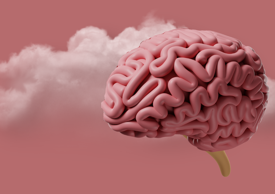 Cerebro rosa entre nubes sobre fondo rosado