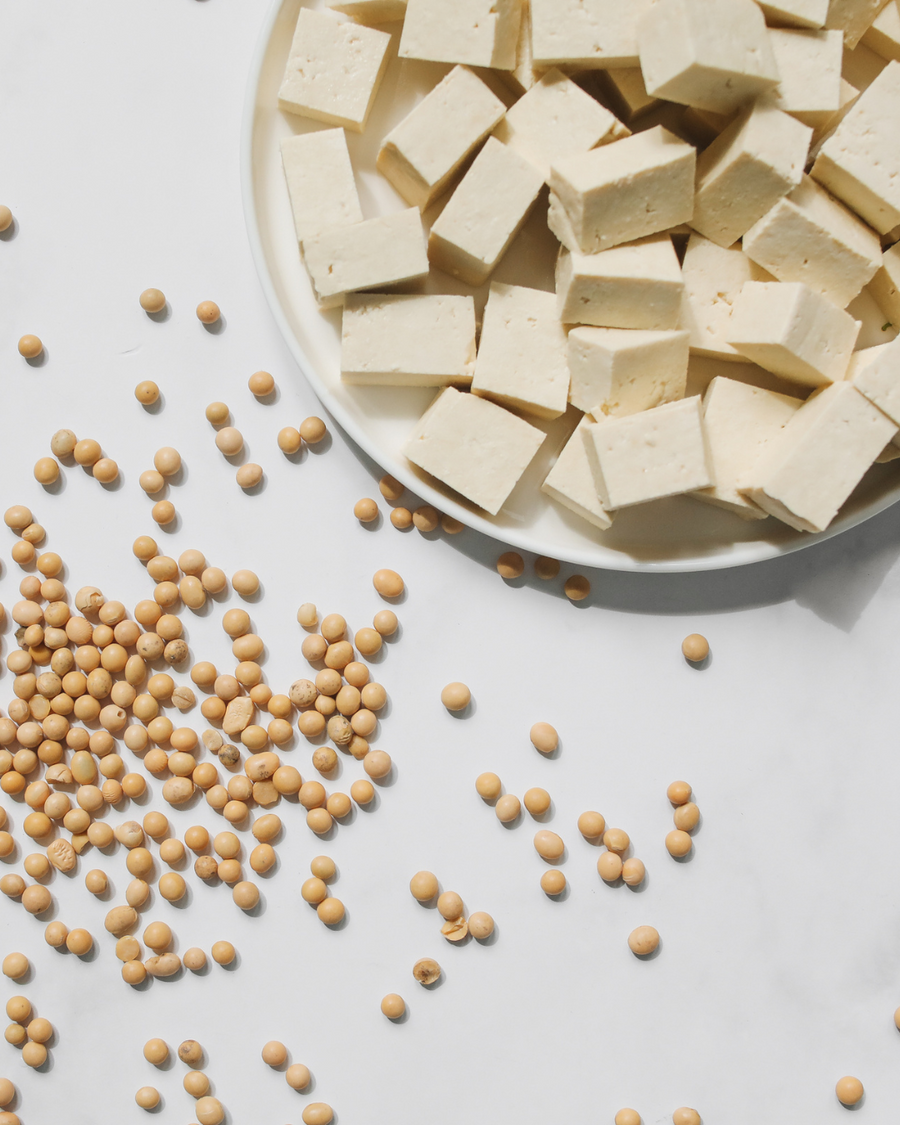 Bloques de tofu y granos de soja sobre fondo blanco