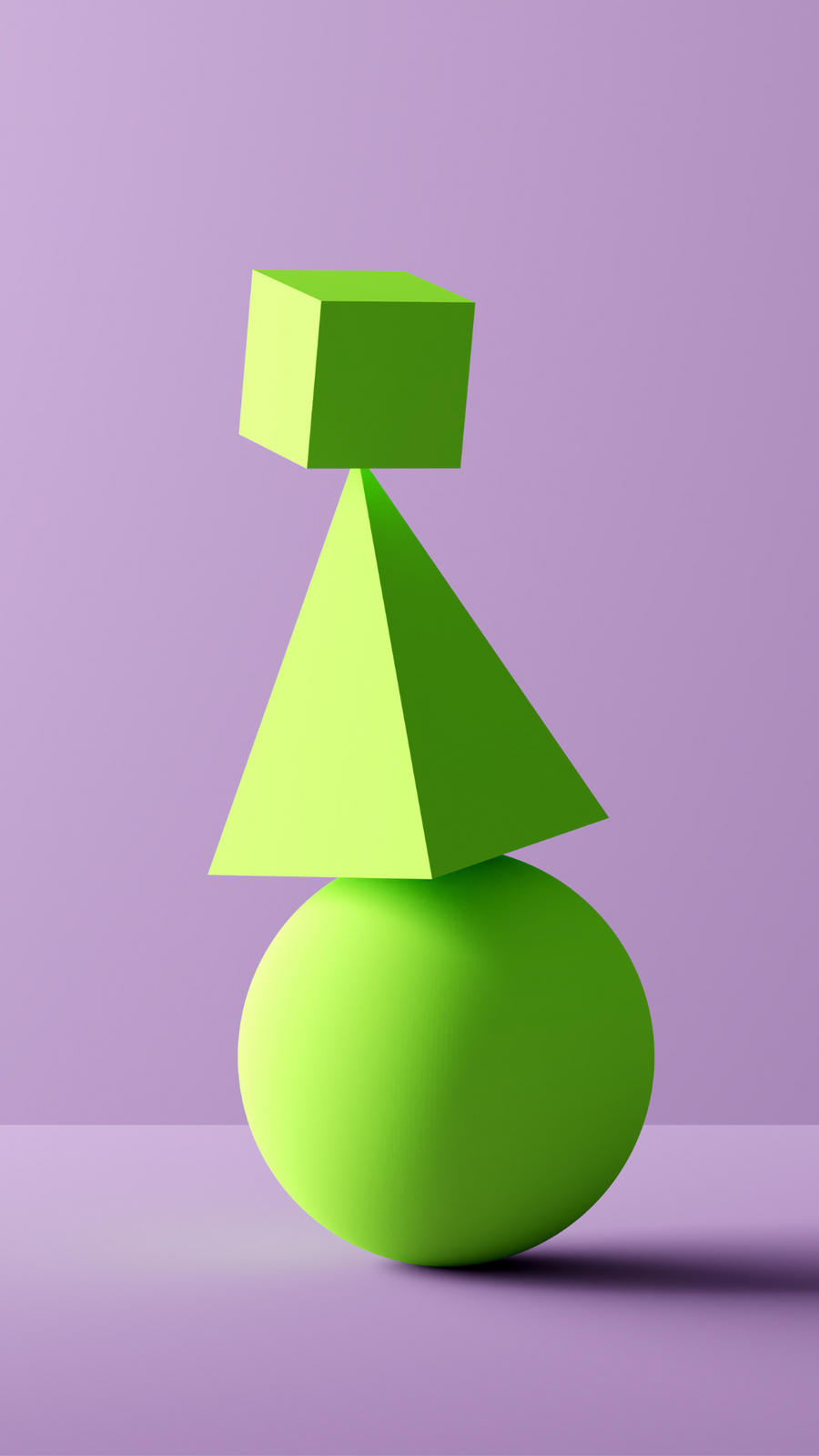 Cubo, pirámide y esfera verdes en equilibrio sobre fondo lila