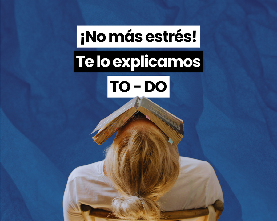 Mujer con un libro abierto sobre la cabeza con el rótulo «¡No más estrés! Te lo explicamos»
