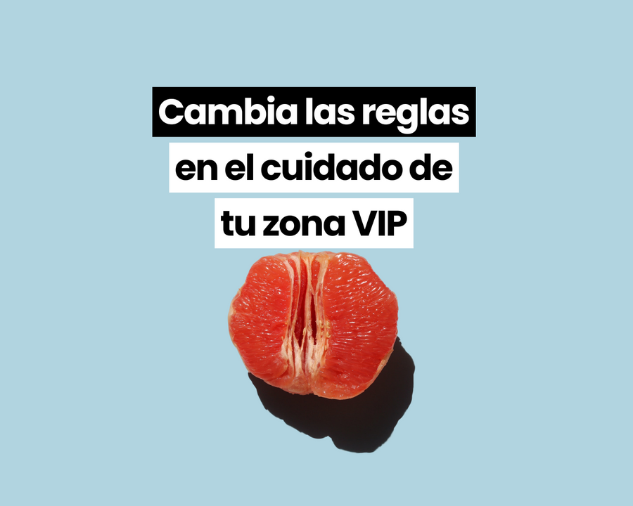 Pomelo rojo cortado sobre fondo azul con el rótulo «Cambia las reglas en el cuidado de tu zona VIP»
