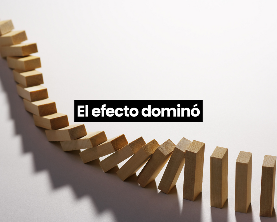 Fichas de dominó cayendo en fila con el rótulo «El efecto dominó»
