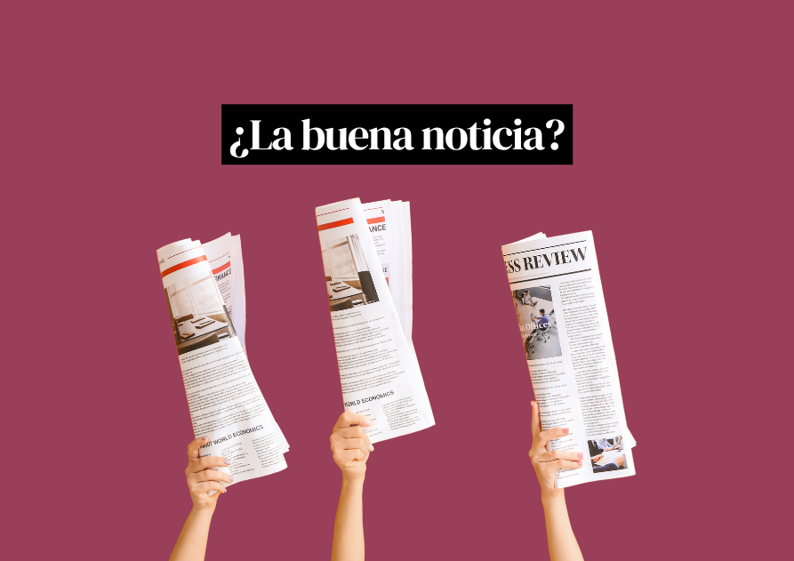 Manos sosteniendo periódicos con el rótulo «¿La buena noticia?», fondo burdeos