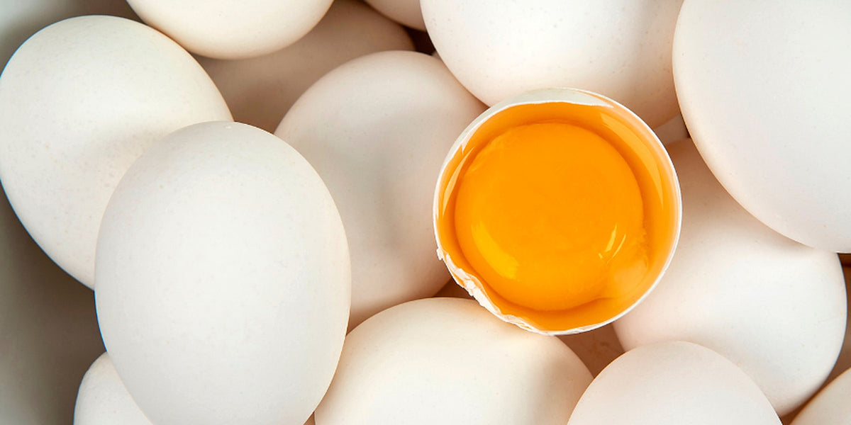 Huevos blancos vistos desde arriba y, en el centro, una yema anaranjada