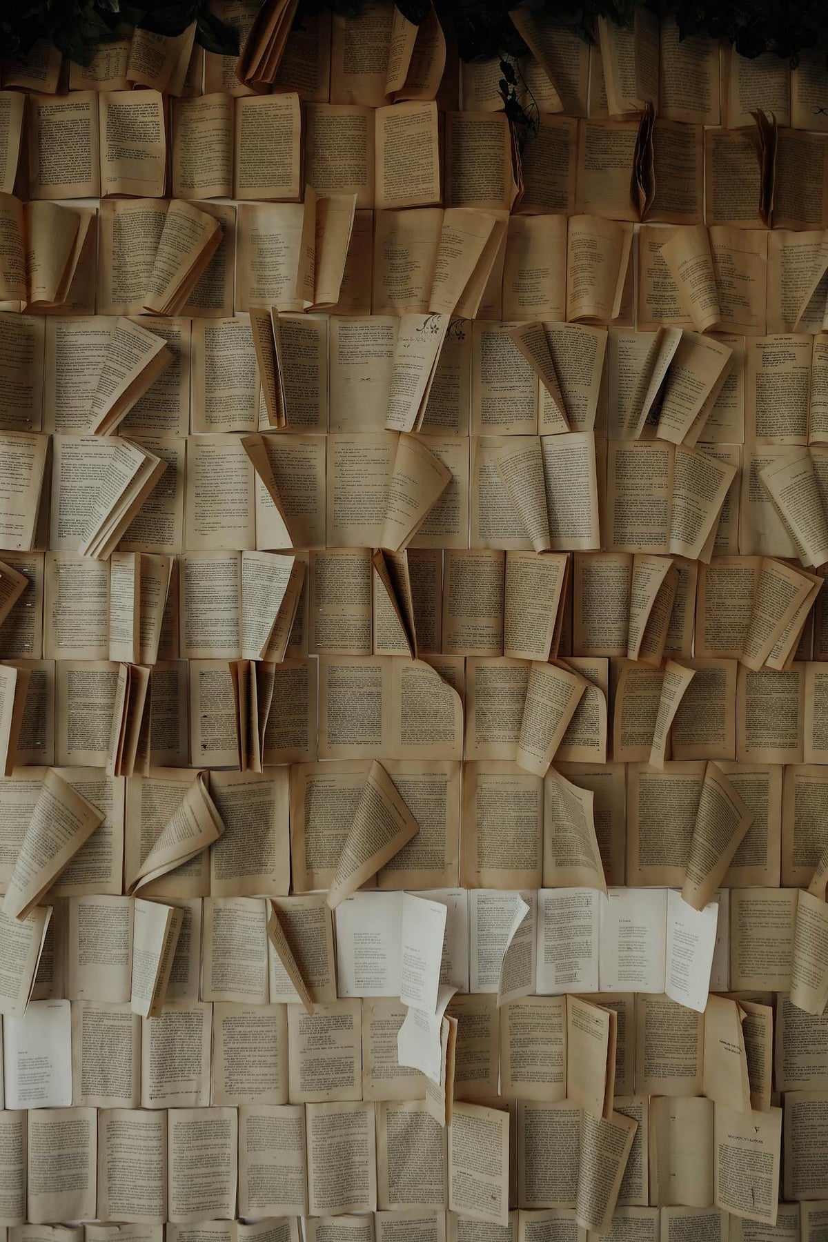 Pared cubierta de libros abiertos con las páginas amarillentas